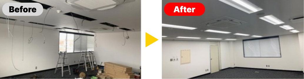 既存什器廃棄 会議室 照明工事 事務所配線工事 会議室スピーカー 入口ウィンドウ 鍵交換